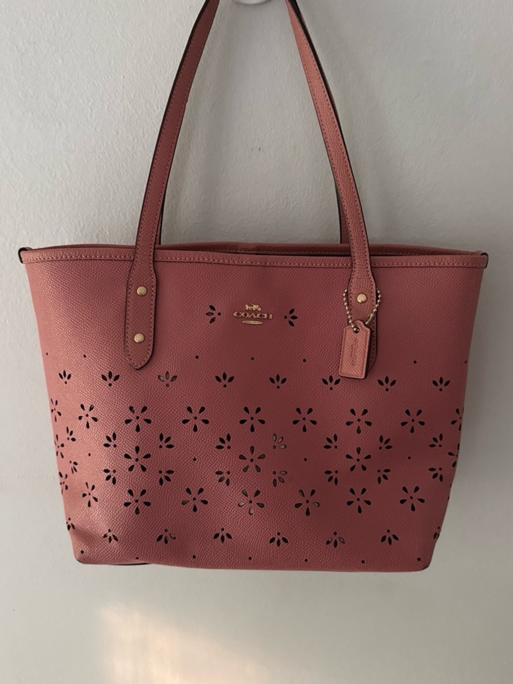 Coach Pink Tote w/ Mini Monogram Floral Cutout Design
